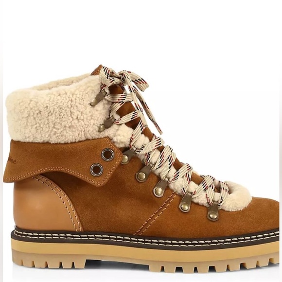 See by Chloe Eilieen Shearling Trimmed suede and leather ankle boots in Tan. - Picture 3 of 5